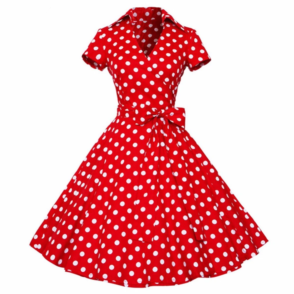 

Joineles Plus Size 4XL Women Retro Dress 50s 60s Vintage Rockabilly Swing feminino vestidos V neck short sleeves Dot print Dress