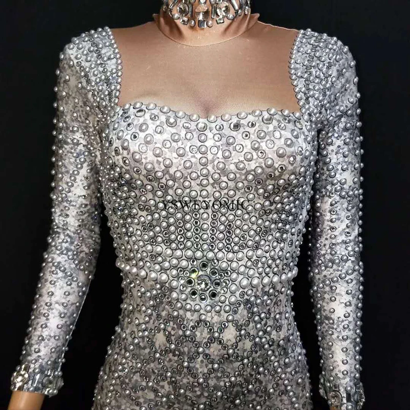 Серый модные ювелирные изделия из золота платье со стразами вечерняя одежда с длинным рукавом для выпускного вечера телесного цвета серое платье певица день рождения, празднование платья