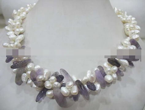 NEW N358 3rows freshwater pearl white and amethyst necklace