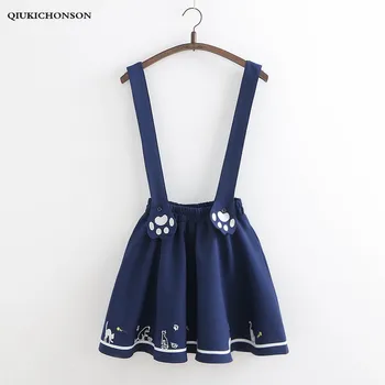 Japanese School Skirt Preppy Style Overalls Mini Tutu Skirt women Spring Summer Kawaii Cat-pad Embroidery Suspender Skirts jupe sweet style solid color button embellished women s suspender skirt