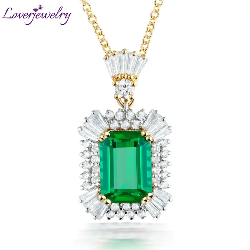 

2019 Women Pendant Solid 18Kt Multi-tone Gold Natural Baguette Diamond Green Emerald Pendant Necklace Wedding Engagement Jewelry