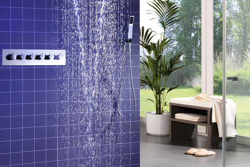 5 Function Shower System Thermostatic Faucets Embedded Ceiling Remote LED Shower Head 420710mm Mist Waterfall Shower (11)