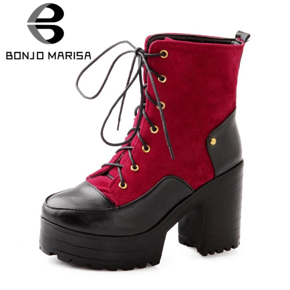 

BONJOMARISA 2018 Winter Big Size 34-43 Quality Women High Heels Platform Ankle Boots mixed-color lace-up Fur Boots Shoes Woman