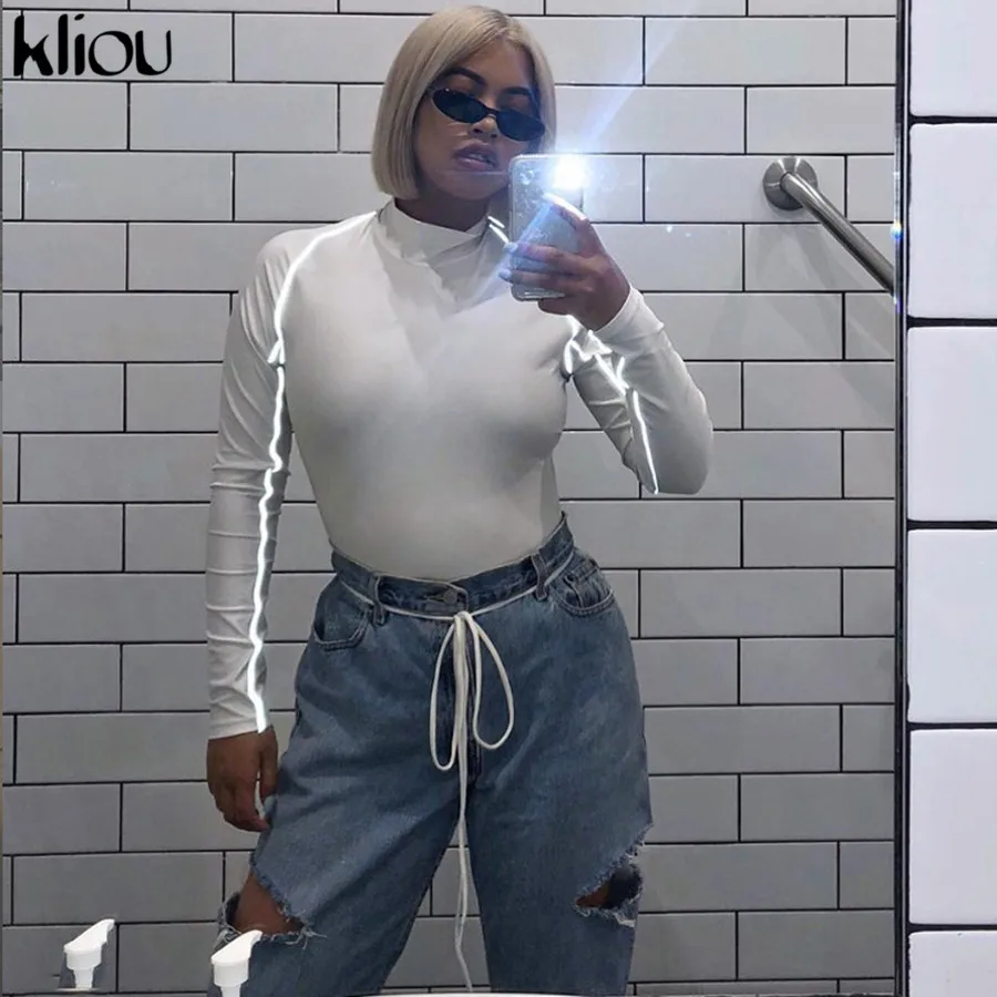 

Kliou women fashion Reflective stripe patchwork t-shirt 2019 spring solid white turtleneck full sleeve knitted casual top tees
