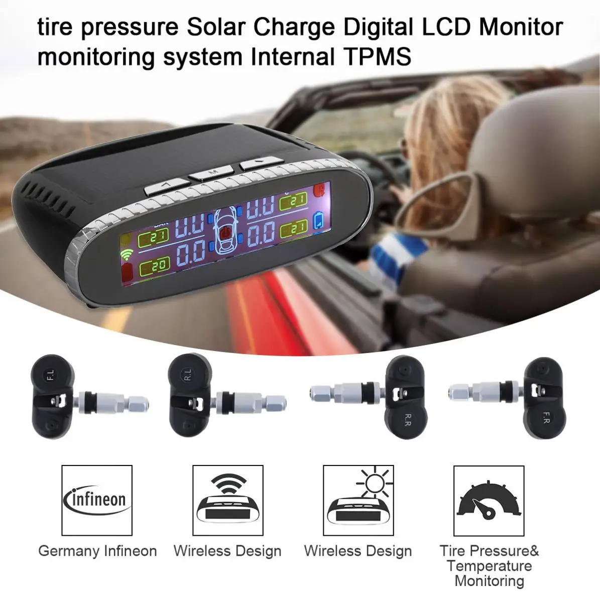 

Solar Mini TPMS Tire Pressure Detector Black Built-in Tire Pressure Monitor with Farbe Display and 4 Internal Sensors