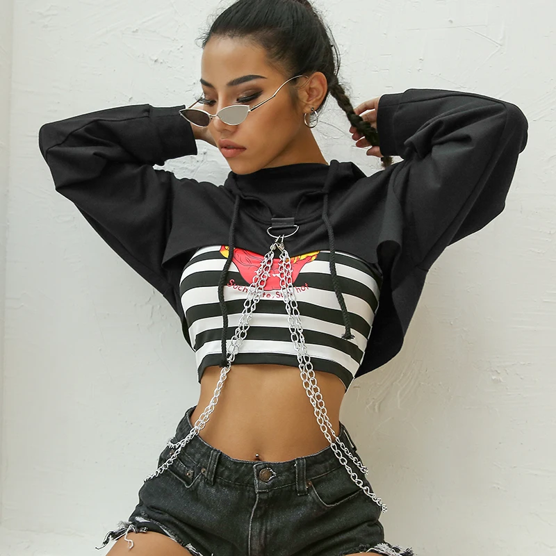 

New Harajuku metal chain cropped sweatshirt femme hoodies woman long sleeve solid color crop top streetwear gothic hoodie jumper