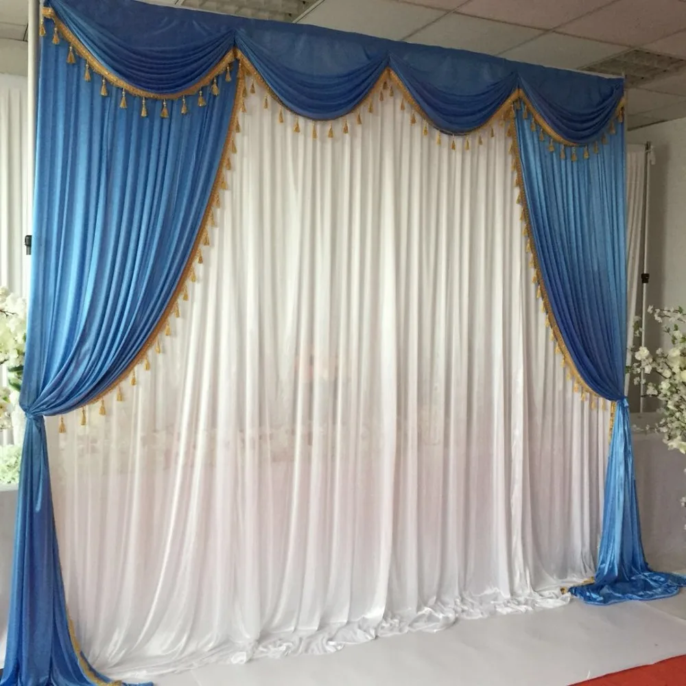 Hot Sale Blue White Ice Silk 3mx3m Swags Drapes With Tassels Wedding