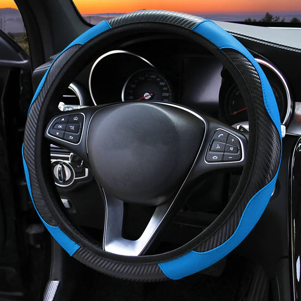 LEEPEE Car Steering Wheel Cover Suitable for 37-38cm Carbon Fiber PU Leather Steering Covers Anti Slip Breathable - Название цвета: Синий