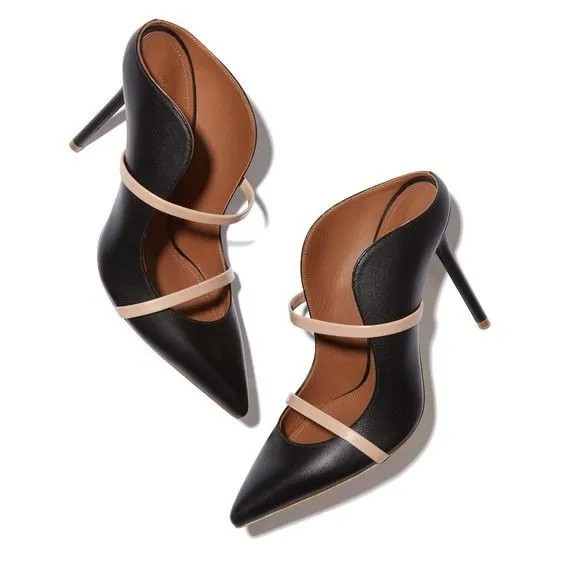 High Heel Black Women Shoes Leather Mules Pointed Toe Slip On Shoes