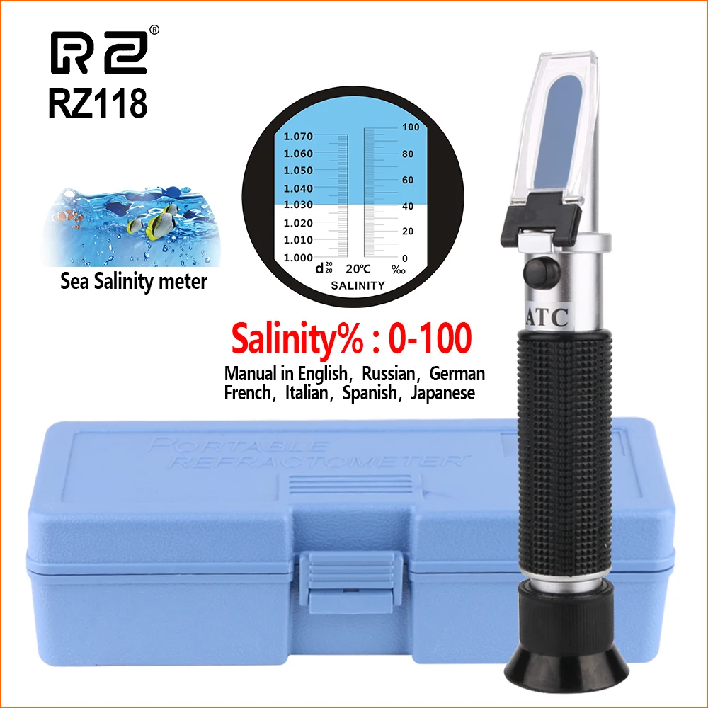 RZ рефрактометр Соленость метр автоматический рефрактометр тестер Профессиональный 0- Brix RZ118 аквариум рефрактометр соль гидрометр