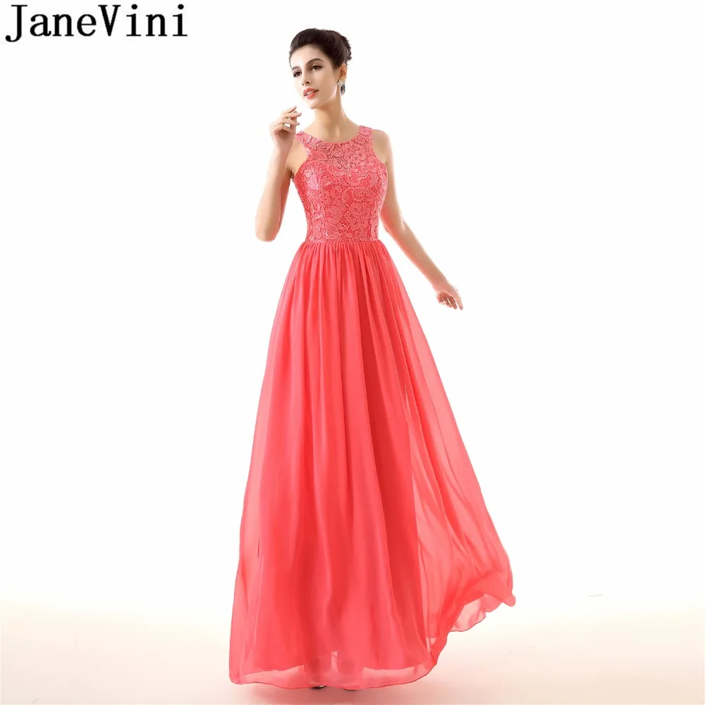 

JaneVini 2018 Simple Watermelon A-line Prom Dresses Damigelle Lace Elegant Long Bridesmaids Dresses Plus Size Formal Party Gowns