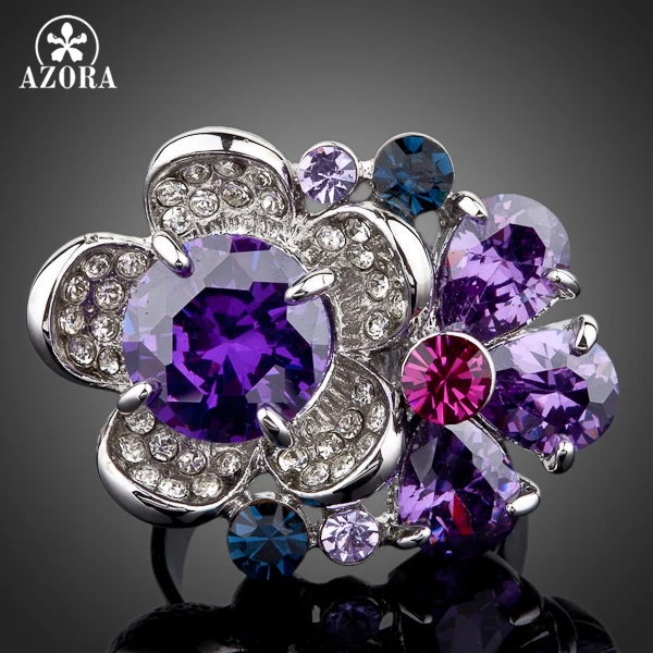 

AZORA The Purple Flower Heart White Gold Color Stellux Austrian Crystal Adjustable Size Ring TR0062