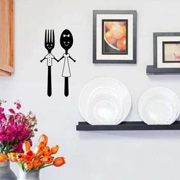 Dining Cutlery Cute Spoon Fork Design Vinyl Mural Art Wall Sticker for Kitchen