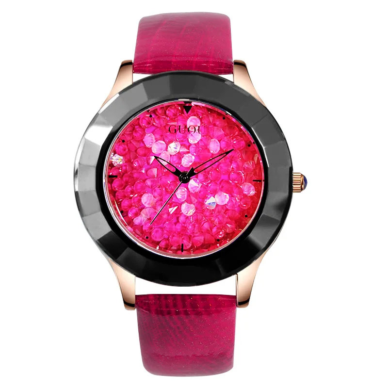 GUOU Watches Women Fashion Luxury Rhinestone Glitter Ladies Watch Leather Diamond Watch Hour Clock relogio feminino reloj mujer