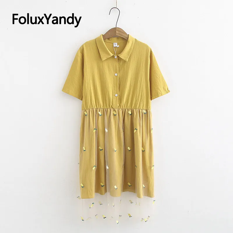 

Embroidery Mesh Dress Women Yellow Vestidos Plus Size Casual Short Sleeve Midi Summer Dress KKFY3849