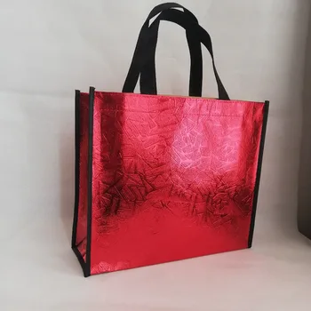 

2019 New Style 500pcs/lot Red Indented Non Woven Tote Bag Metallic Laser Custom LOGO Bags Promotional Exhibition Bags 3 Colors