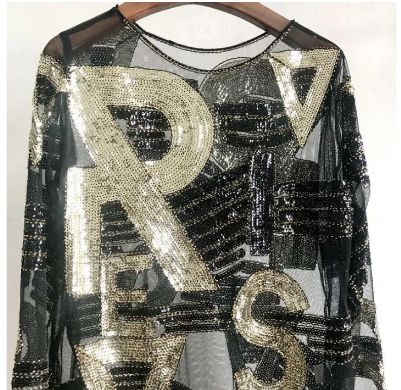 Letter Striped Beading Sequined Blouse Women 14