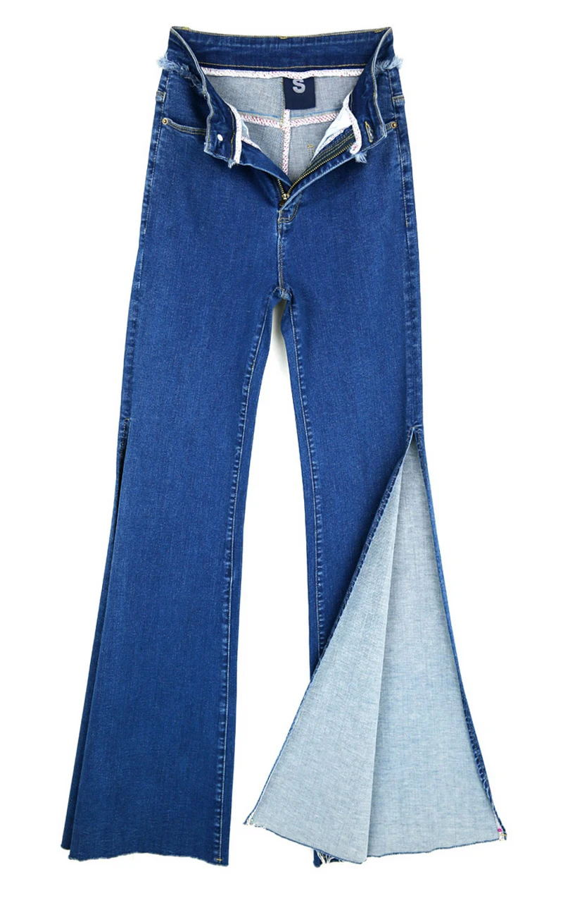 Два боковых Разделение Рваные джинсы Для женщин стрейч джинсовая Flare Брюки Повседневное Slim Fit Синие джинсы летние длинные брюки Высокая талия ковбой