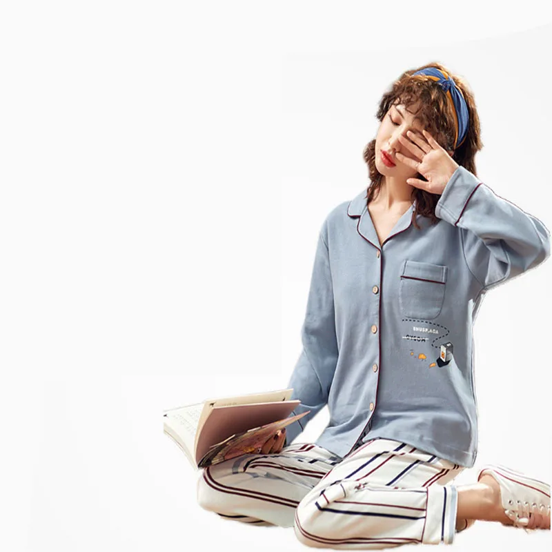

2019 Korean version of casual pajamas suit, Lapel pajamas, long-sleeved cotton cardigan household clothes for women
