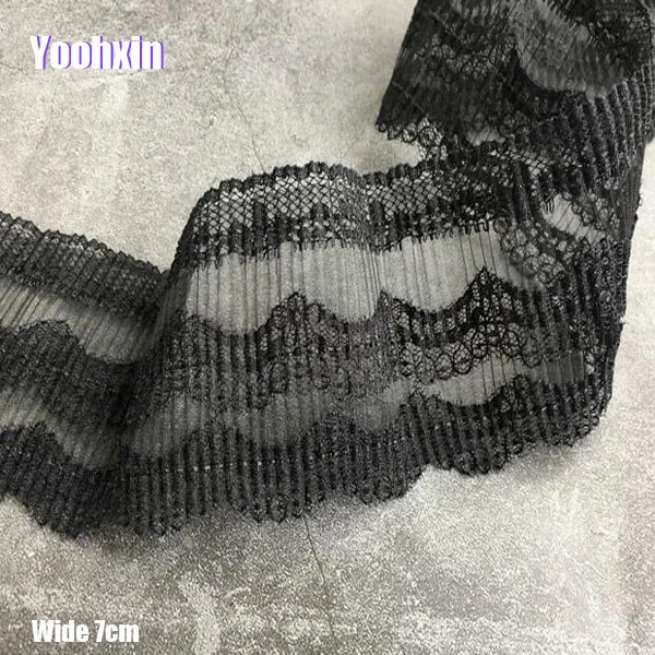 

7 Wide High quality black lace fabric pleated elastic lace ribbon Toy Clothes for dolls collar Trimming DIY Sewing guipure