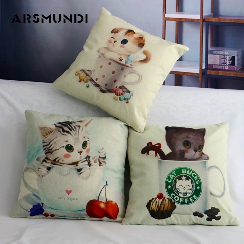 

Cushion Cover Cute Cat Cup Printed Linen Decorative Pillow Cases Cover Home Sofa Bed Pillowcase Kitten Chair Seat Cushion Cover