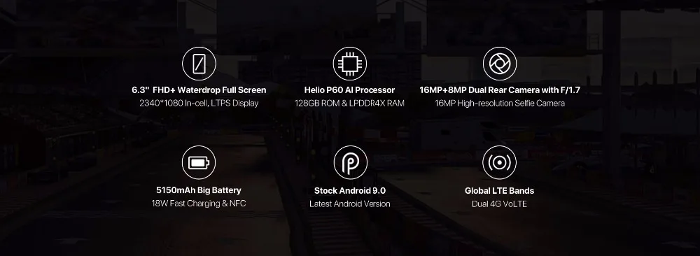 UMIDIGI F1 Android 9,0, глобальная версия Helio P60, четыре ядра, 4 Гб, 128 ГБ, 6,3 дюйма, FHD+ водонагреватель, NFC, 5150 мА/ч, 18 Вт, быстрая зарядка, смартфон