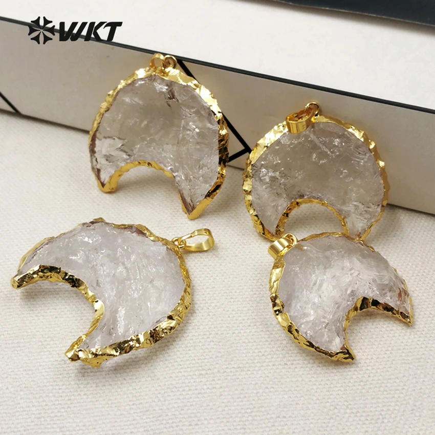 

WT-P1302 Wholesale fashion natural crystal Stone Pendant trendy moon shape Pendant For women Jewelry making about30*40mm