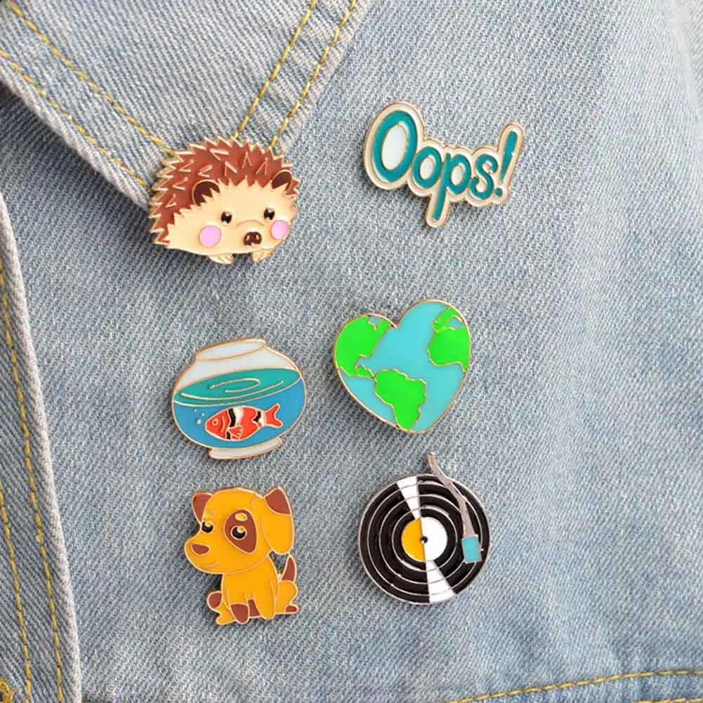 

1Pc Cute Hedgehog/Dog/Record/Goldfish/Oops Design Metal Brooches Pins Hats Clips Enamel DIY Lovely Cartoon Gift