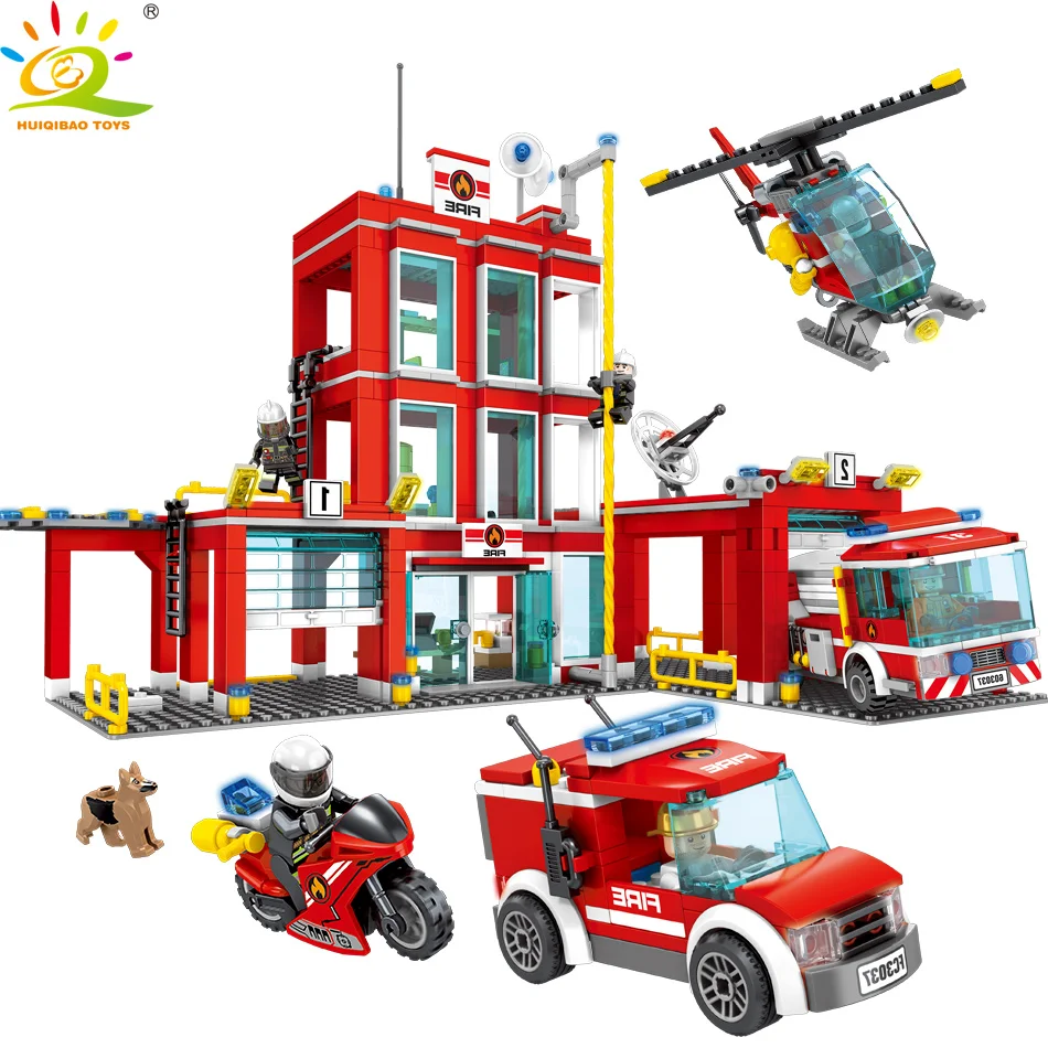 

HUIQIBAO Toys 908pcs Fire Station Building Blocks For Children Legoingly City motorcycle Ladder Truck car helicopter Brick Set