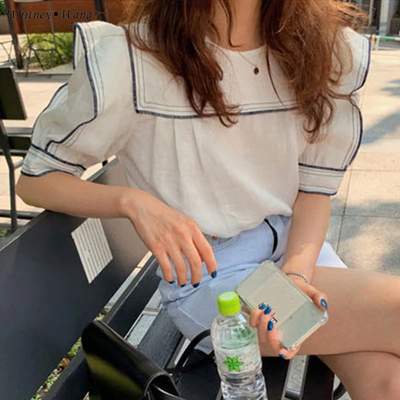 

WHITNEY WANG Blouses Woman 2019 Summer Fashion Streetwear Striped Edging Sailor Collar Blouse Women Blusas Shirt Tops