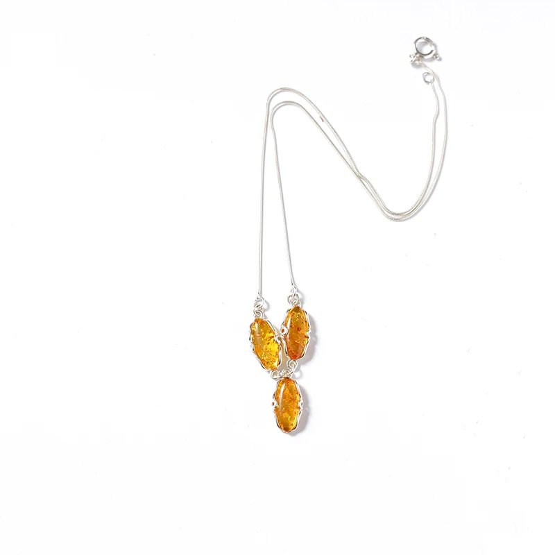 

JIUDUO 925 Sterling Silver Ball Amber Pendant Ethnic Natural Material Pendant Fine Jewelry Women's Long Yellow Necklaces