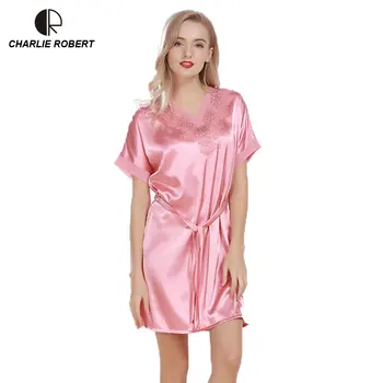 

CR Nightgown Silk Dress Spring Summer New Sexy Underwear Long Sleeve V-Neck Flower Lace New Nightwear AP524