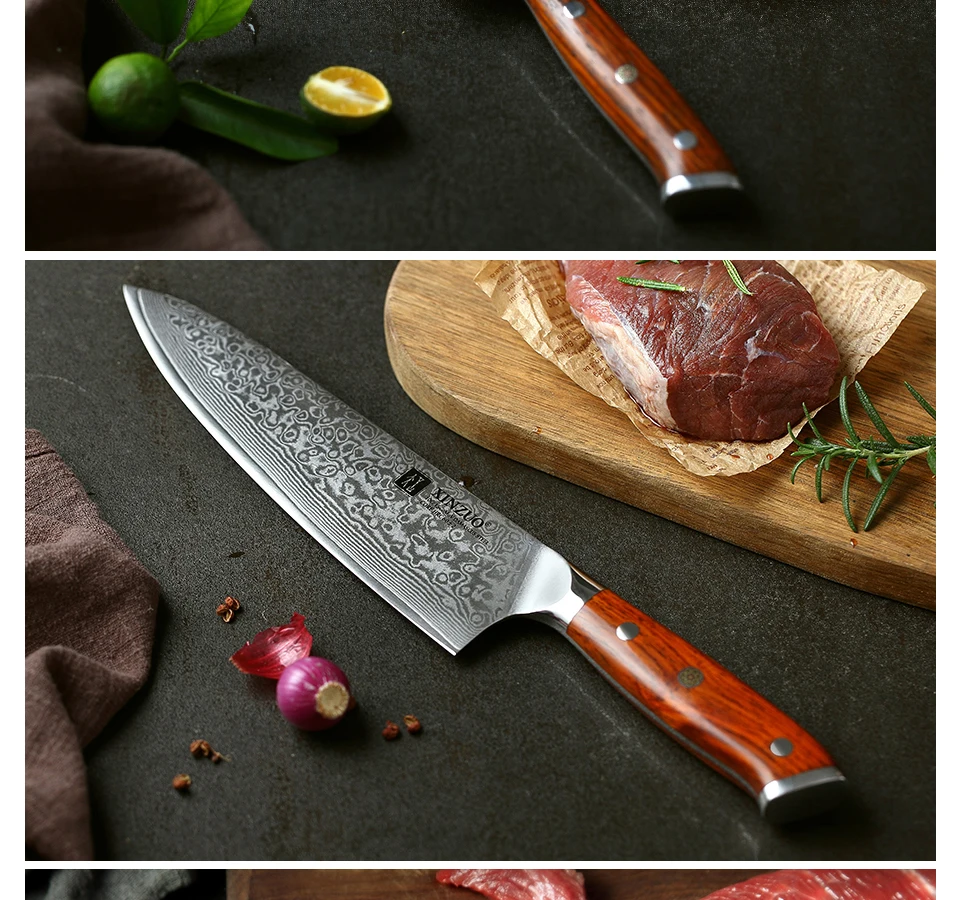 XINZUO, 3 шт., профессиональные кухонные ножи, наборы японских кованых ножей из дамасской стали, ножи шеф-повара сантоку из нержавеющей стали, палисандр, нож шеф-повара с ручкой