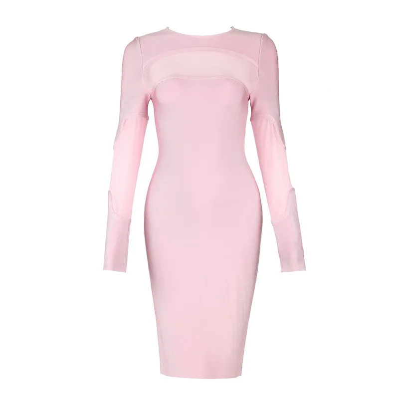 Celebrity Fashion Long Sleeve Blush Pink Sexy Bodycon Dress Knee Length