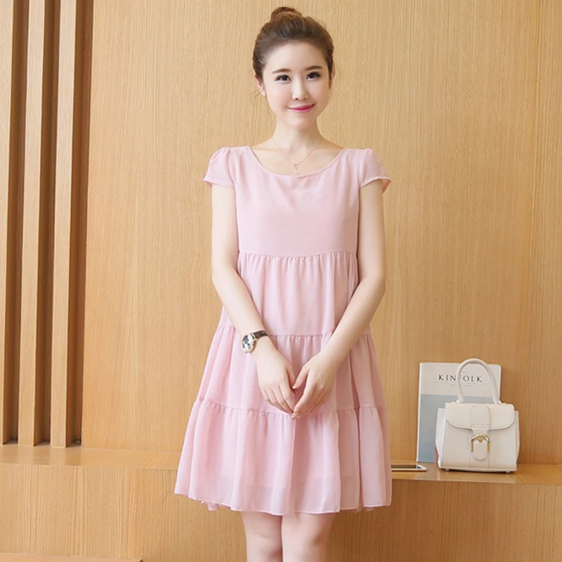 

Summer Maternity Dresses Fashion Solid O-Neck Short Sleeve Pregnant Women Dress Casual Plus Size Pregnancy Chiffon A Line Dress