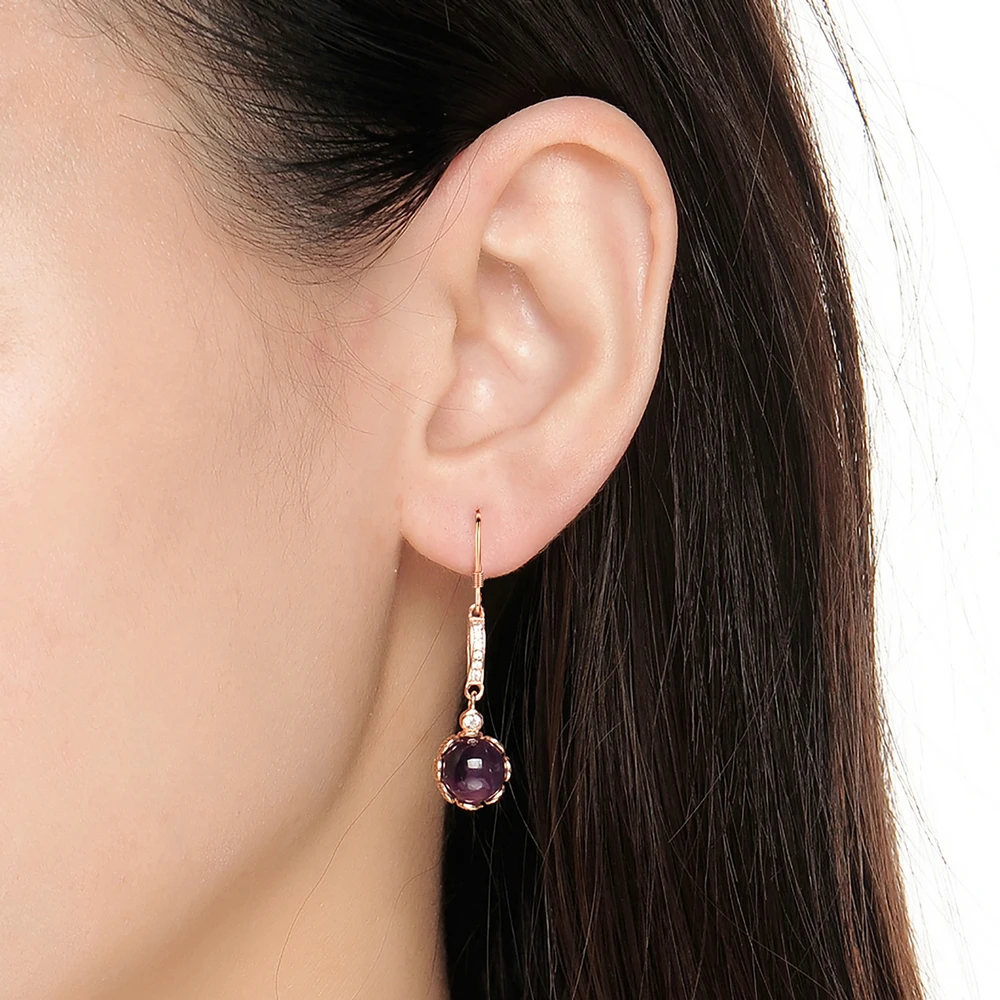 LAMOON 8mm 3.3ct 100% Natural Roundness Purple Amethyst 925 Sterling Silver Jewelry Drop Earrings LMEI019