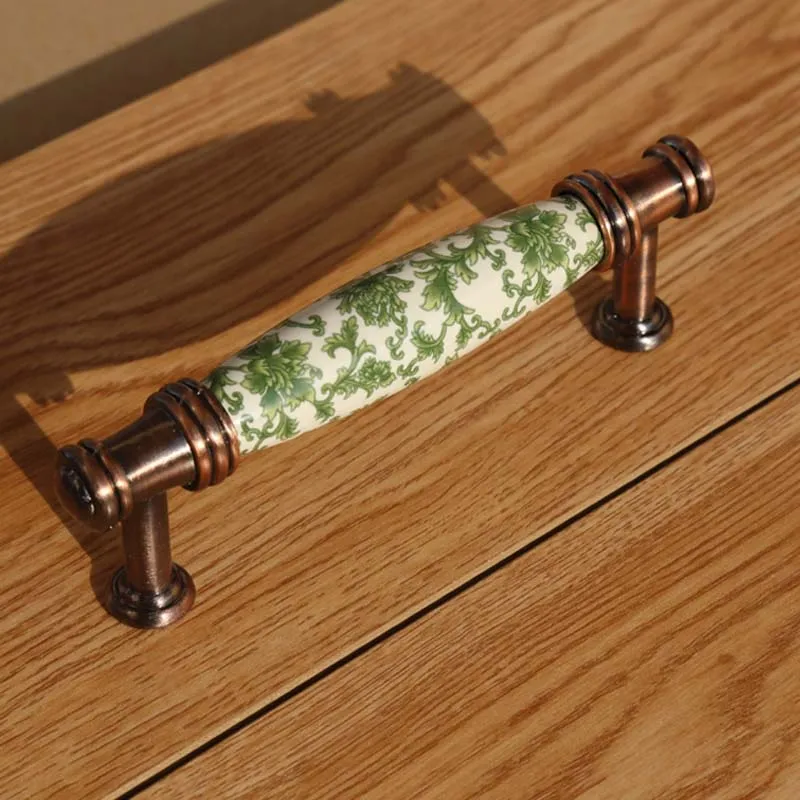 96mm vintage fashion green flower rural ceramic kitchen cabinet dresser door handle 3\ 96mm vintage fashion green flower rural ceramic kitchen cabinet dresser door handle 3\