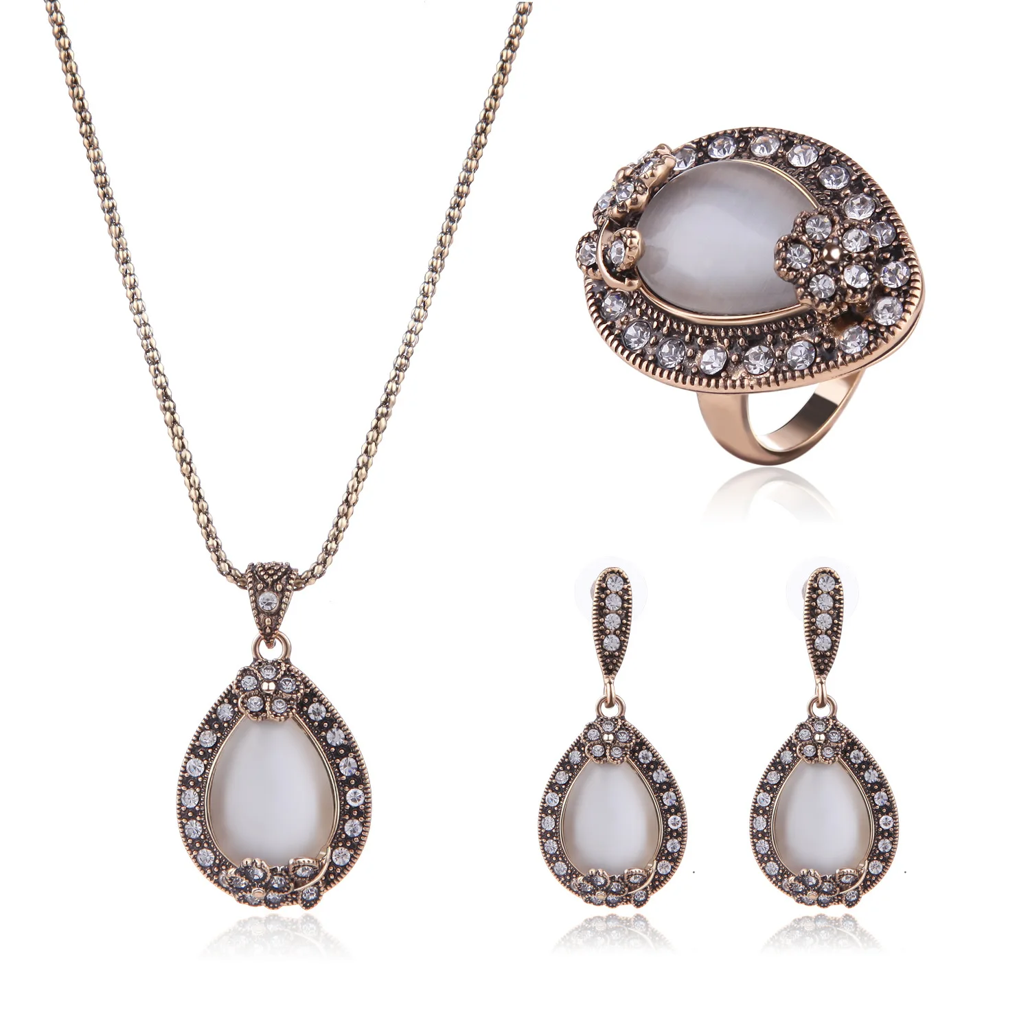 Opal Gold Color Luxury Geometry Pendant Chain Necklace Ring Earrings