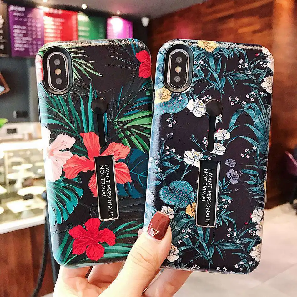 

For iPhone XR 11 Pro X XS Max Case Fashion Flower Leaf Silicon Finger Loop Cover For iPhone 7 6 6S 8 Plus Hide Stand Holder Case