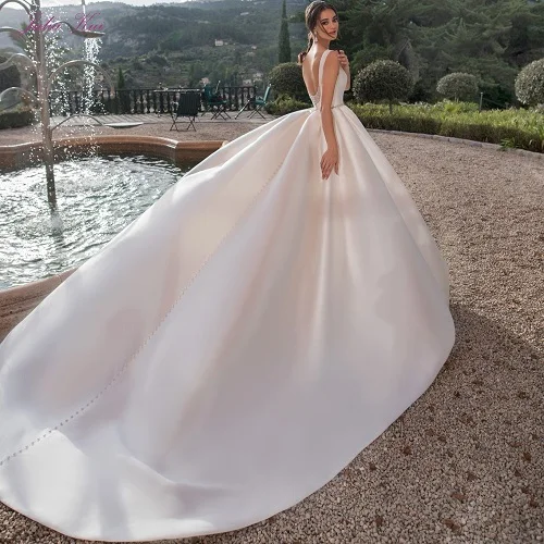 Picture Ivory Color Julia Kui Элегантный Простой стиль бальное платье Свадебные платья бисер пояс с кристаллами блестящий атлас принцесса свадебное платье - Цвет: Picture Ivory Color
