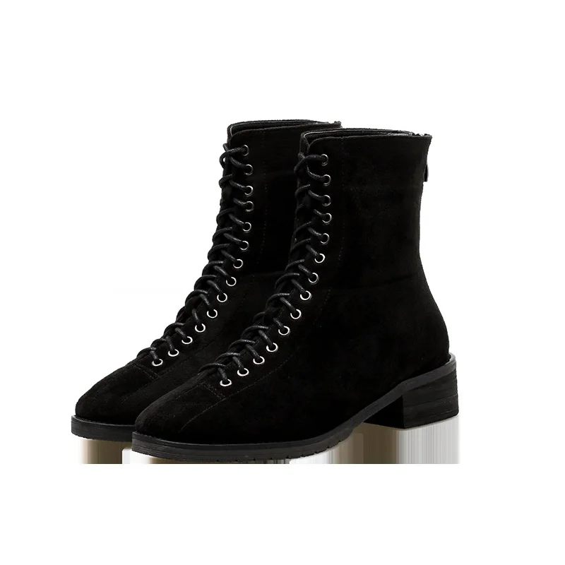

2018 autumn and winter new tie with high help British style Korean version of wild scrub women's booties black ljj 1120