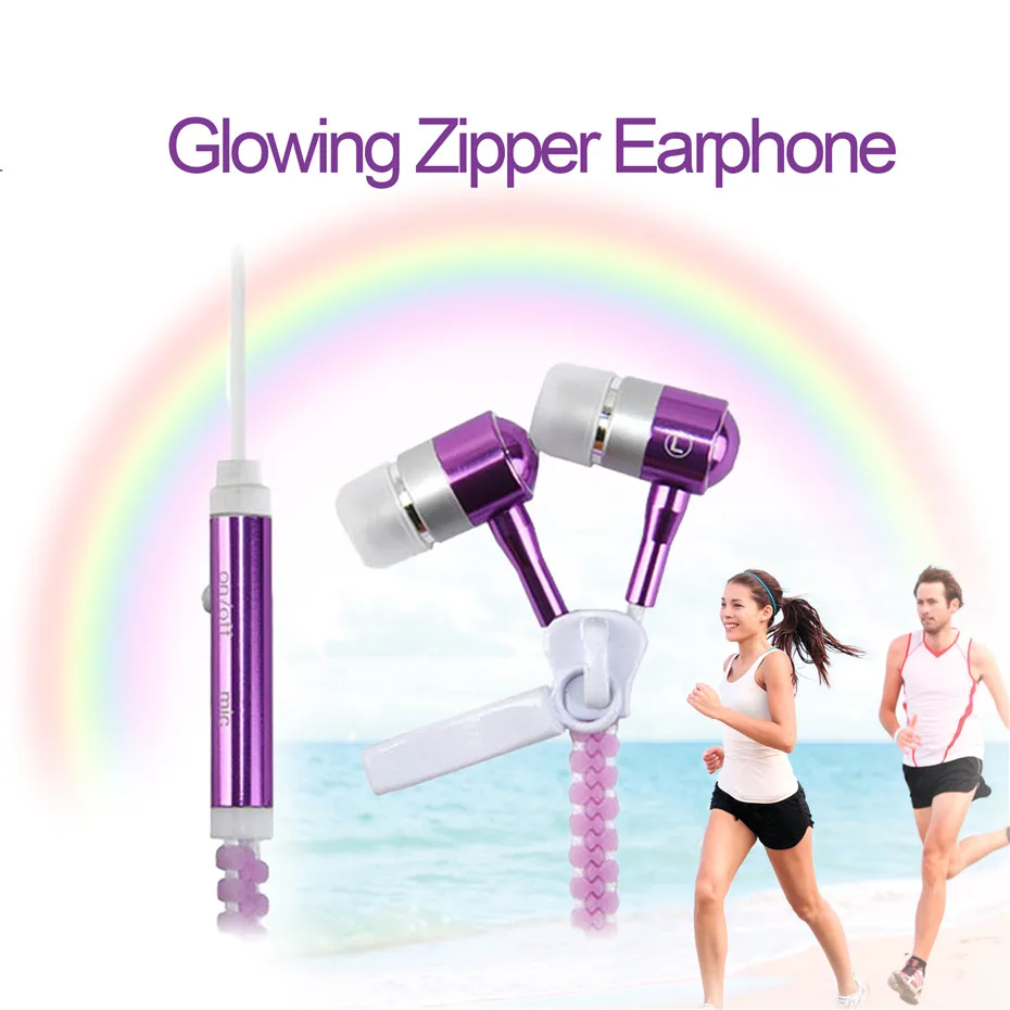 New Fashion Sports Earphones Headset Luminous Light Glow in the Dark Metal Zipper Earphone with Mic for Xiaomi  Mobile Phone (9)
