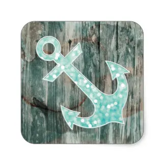 

3.8cm Aqua Bokeh Nautical Glitter Anchor on Wood Square Sticker