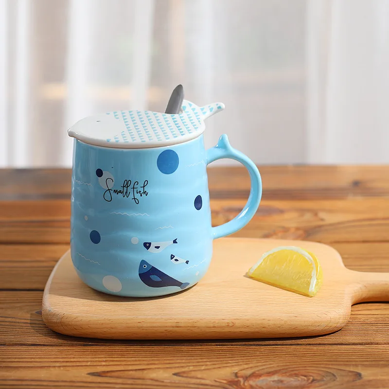 Literary fresh fish ceramic cup with lid spoon cute simple mug (1)