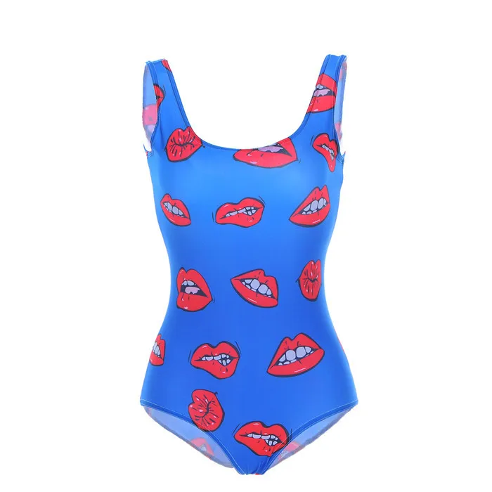 Hip Hop Punk Summer Sexy Lips Print Bodysuit swimsuit Swimwear one