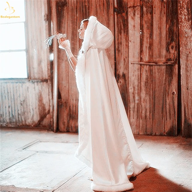Disc New Elegant White Ivory 2018 Warm Bridal Cape Winter Fur Women Jacket Bridal Cloaks Long Party Wedding Coat With Hat QA1262