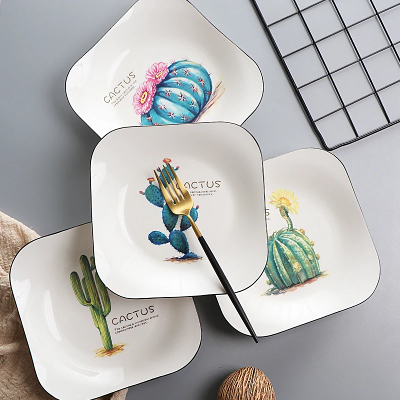 

Cactus Square Ceramic Tray Creative Plant Pattern Jewelry Dessert Tray High Temperature Resistant Solid Storage Dish Decoration