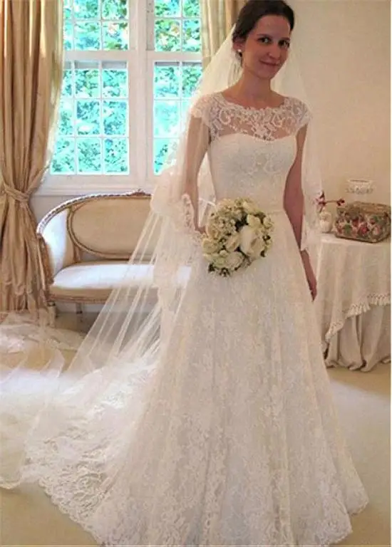 

Lace Vestido De Noiva Muslim Wedding Dresses A-line Cap Sleeves Sweep Train Bow Boho Dubai Arabic Wedding Gown Bridal