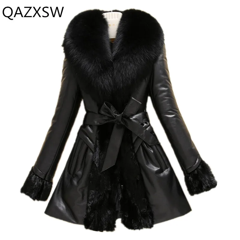 Koop 2018 Nieuwe vrouwen Winter Echt Lederen Jas Lederen Down Buitenste Lange Vos Bontkraag Schapenvacht Slim Dikke Warme Jas LB120