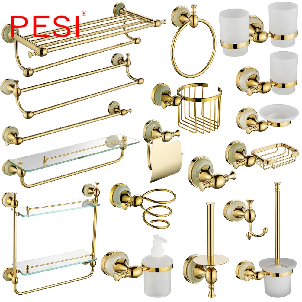 

Wholesale Bathroom Hardware Set Robe Hook Towel Rail Rack Bar Shelf Paper Holder Toothbrush Holder Bathroom Accessories,Gold.